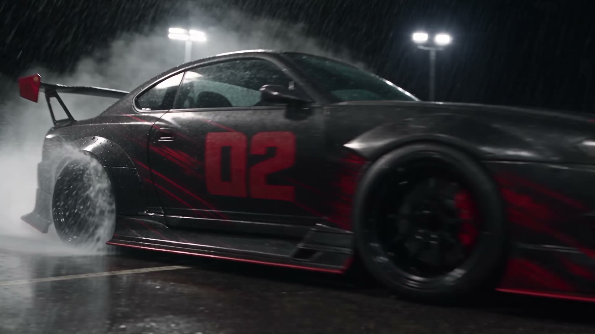 Black drift car number 02 with red livery, tires smoking on wet asphalt