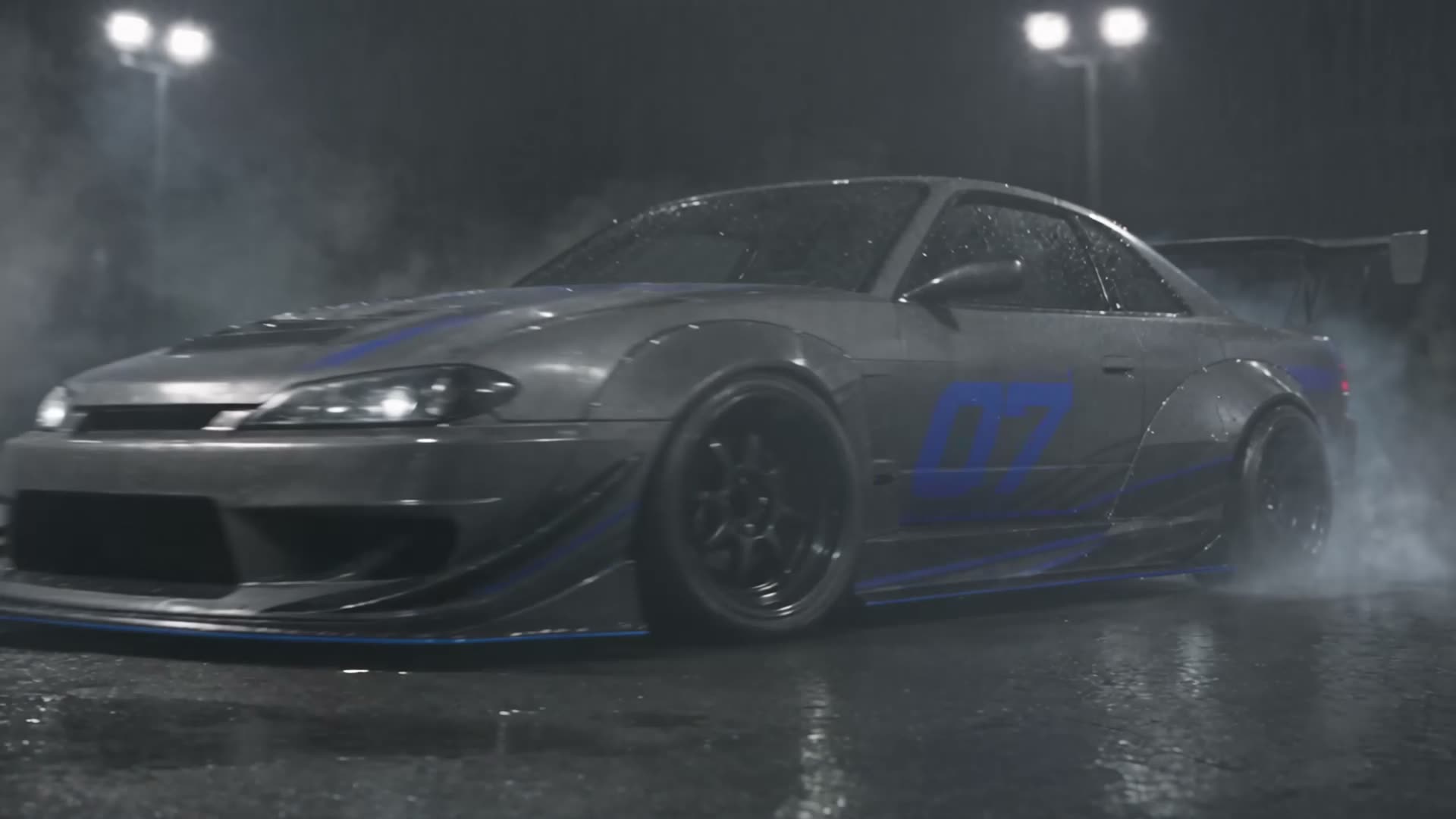 Silver drift car number 07 with blue livery, parked in rain and smoke